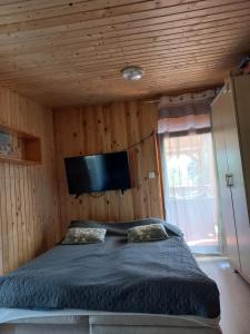 Un dormitorio con una cama con un televisor en la pared. en Onix- Kis-tó Apartman ORFŰ, en Orfű