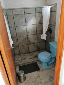 a bathroom with a blue toilet and a tiled wall at casa agave in San José del Cabo