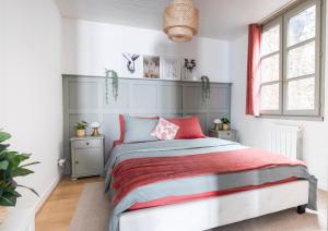 a bedroom with a bed with a red and gray blanket at Appartement lumineux 1 chambre hypercentre Place St Jean in Valence