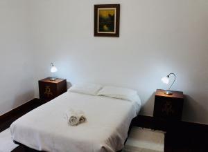 Un dormitorio con una cama blanca con dos lámparas. en Casa 33, en Veiros