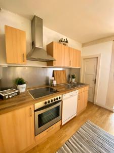 cocina con armarios de madera y horno con fogones en Zentrales Apartment Pfänderblick, en Bregenz