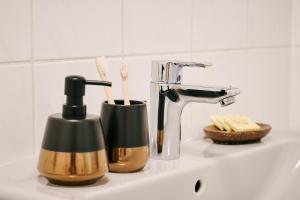 a bathroom sink with toothbrushes and a faucet at Komfort Deluxe in Ludwigshafen am Rhein +24 photos