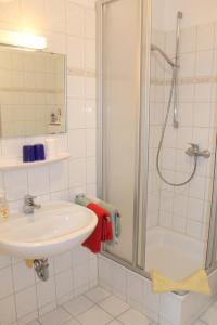 a bathroom with a sink and a shower at "Pappelhof - Whg 8" in Grömitz