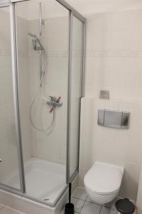 uma casa de banho com um chuveiro e um WC. em "Pappelhof - Whg 10" em Grömitz
