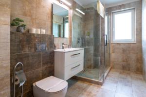 a bathroom with a toilet and a shower and a sink at TCI Apartments in Cluj-Napoca