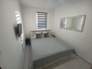 una camera da letto con un letto, uno specchio e una televisione di Apartman 3N a Veliko Gradište