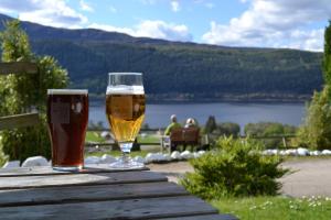 a glass of beer sitting on a bench next to a body of water at Craigdarroch Hotel in Foyers