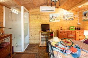 Durfort-et-Saint-Martin-de-SossenacにあるLe Portel des Arnaud Chambres d'Hôtesの部屋にベッドとテレビがある寝室