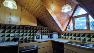 uma cozinha com um fogão e um lavatório numa cabina em APARTAMENTO MUY CÉNTRICO con VISTAS - El Niuet de Sort em Sort