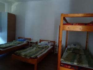 a room with two bunk beds and a ladder at Erdei Pihenőház Terecseny in Terecseny