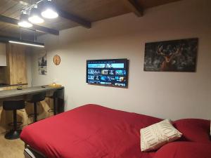 a bedroom with a bed and a desk and a tv on the wall at Moda Apartments 38 in Sestriere