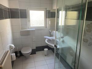 a bathroom with a shower and a sink and a toilet at Haus Im Garten in Köngen