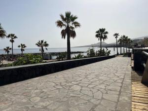 a stone walkway next to a beach with palm trees at Precioso apartamento con piscina a 50m de la playa in Candelaria