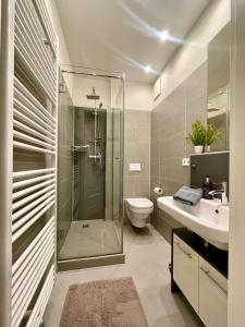 ein Bad mit einer Dusche, einem WC und einem Waschbecken in der Unterkunft Gästeapartment Leipzig City in Leipzig