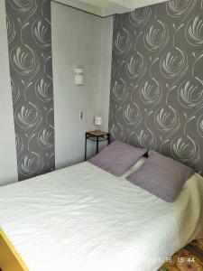 een slaapkamer met een bed en een muur met draaiend behang bij Appartement 1er étage banyuls sur mer départs et arrivées les samedis in Banyuls-sur-Mer