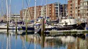 een groep boten aangemeerd in een haven met gebouwen bij BizStay Harbour III Scheveningen Apartments in Scheveningen