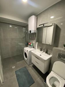 een badkamer met een wastafel en een wasmachine bij Sunčana strana in Trebinje