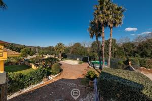 a garden with a palm tree and a swimming pool at Villa Monica Suites - Wonderful Sardinia in Iglesias