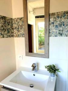 a bathroom with a white sink and a mirror at Chez Tata Célestine in Castelnau-Pégayrols +22 photos