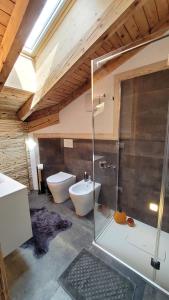 a bathroom with a shower and a sink and a toilet at Mansarda la Baita in Madonna di Campiglio +3 photos