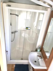 a bathroom with a shower and a sink at Beautiful 3 bed caravan SouthviewPark Skegness in Skegness