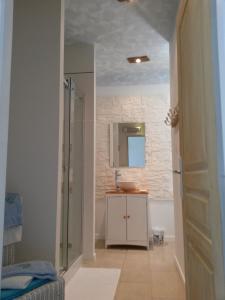 a bathroom with a shower and a sink and a mirror at Gîtes "tout au sud de la France" in Pomérols