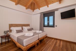 a bedroom with a large bed and a television at Azor Luxury Villa I in Mouzákion