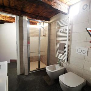 a bathroom with a shower and a toilet and a sink at Casa alla Fontana in Faggeto Lario 