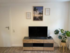 een woonkamer met een flatscreen-tv op een dressoir bij Kaffeevollautomat, Hängematte & Netflix, zentral in Idar-Oberstein