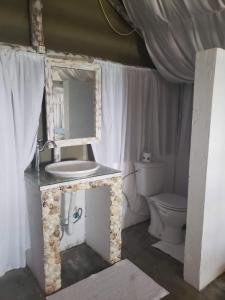 蓬杜歐魯的住宿－Complexo Baleia Azul Camping，一间带水槽和卫生间的浴室