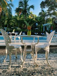 a white table and chairs sitting next to a pool at Casa del Pavo Real Boutique Hostel in Palomino