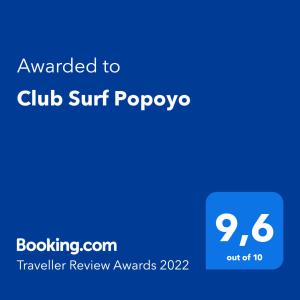 A certificate, award, sign, or other document on display at Club Surf Popoyo
