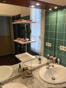 La salle de bains est pourvue d'un lavabo et d'un miroir avec deux oiseaux. dans l'établissement Chambre Rose, à Bastia