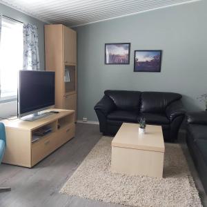 een woonkamer met een bank en een televisie bij Varangertunet Rooms and Apartments in Jakobselv