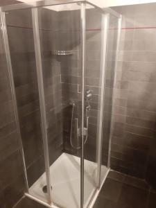 La salle de bains est pourvue d'une douche avec une porte en verre. dans l'établissement Il giardino di Pietro, à Monza