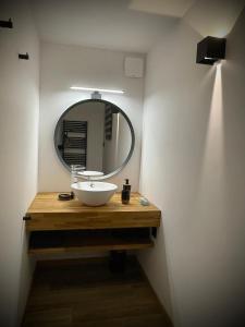 ル・トリーにあるLe gîte cozy de Bouvacôte avec vue panoramiqueのバスルーム(洗面台、鏡付)