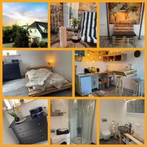 a collage of photos of a kitchen and a bedroom at Urlaub nahe der Peene nähe der Ostsee in Rustow