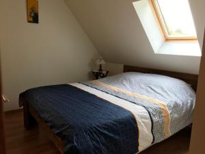 Bett in einem Zimmer mit Fenster in der Unterkunft Gîte Le Mur magnifique longère au Bourgogne-du-Sud in Oyé