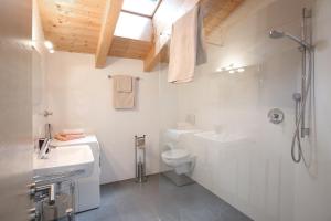 a bathroom with a toilet and a sink and a shower at Haus Waldruhe in Villandro