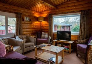 a living room with couches and a tv in a cabin at Raasay in Kyle of Lochalsh