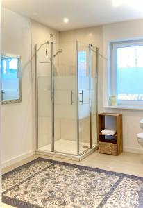 Vannituba majutusasutuses Gemütliche Wohnung mit Sonnenterrasse im blauen Holzhaus