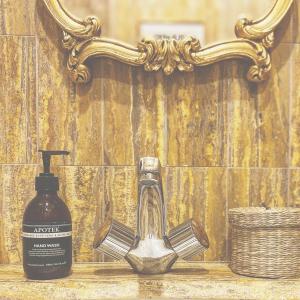 une bouteille de savon posée à côté d'un lavabo de salle de bain dans l'établissement La Maison de L' Ambassadeur Carcassonne B&B, à Carcassonne