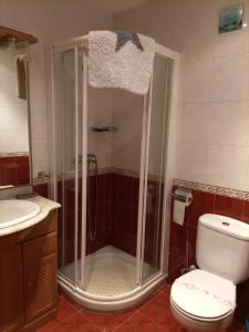 a bathroom with a shower with a toilet and a sink at Xotola in Elizondo