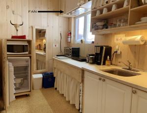 a kitchen with a counter with a sink and a microwave at Appartement champêtre in Saguenay