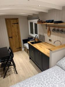 una cucina con lavandino e bancone in una stanza di Herdwick Shepherd Hut a Exeter