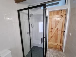 eine Dusche mit Glastür im Bad in der Unterkunft 119D2 Apartamento con encanto en pleno centro in Gijón