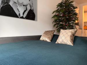 a bedroom with a bed with two pillows and a plant at Bella's Place in Breda