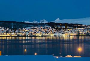 a view of a city with a harbor at night at Polar Arctic View - Free Parking! in Tromsø