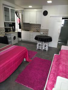 a living room with a pink bed and a kitchen at Apartamento Cavaleiro in Nazaré