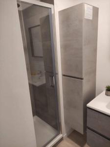 eine Dusche mit Glastür im Bad in der Unterkunft Appartement Biaritz in Bredene